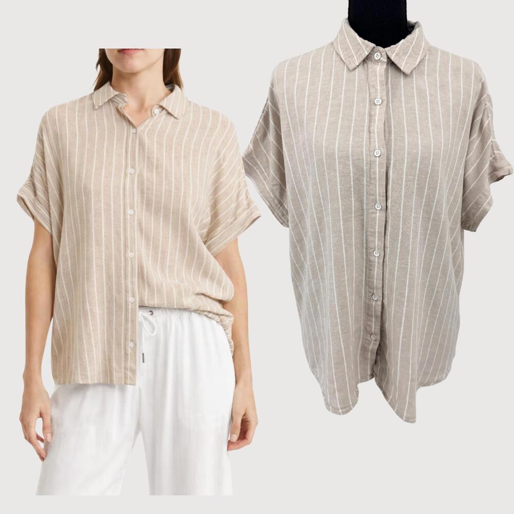 Splendid Linen Button Front Shirt Beige Stripe S